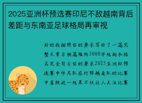 2025亚洲杯预选赛印尼不敌越南背后差距与东南亚足球格局再审视