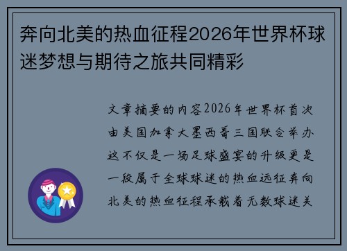 奔向北美的热血征程2026年世界杯球迷梦想与期待之旅共同精彩 奔向北美的热血征程2026年世界杯球迷梦想与期待之旅共同精彩