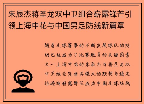 朱辰杰蒋圣龙双中卫组合崭露锋芒引领上海申花与中国男足防线新篇章