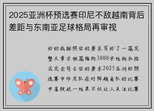 2025亚洲杯预选赛印尼不敌越南背后差距与东南亚足球格局再审视